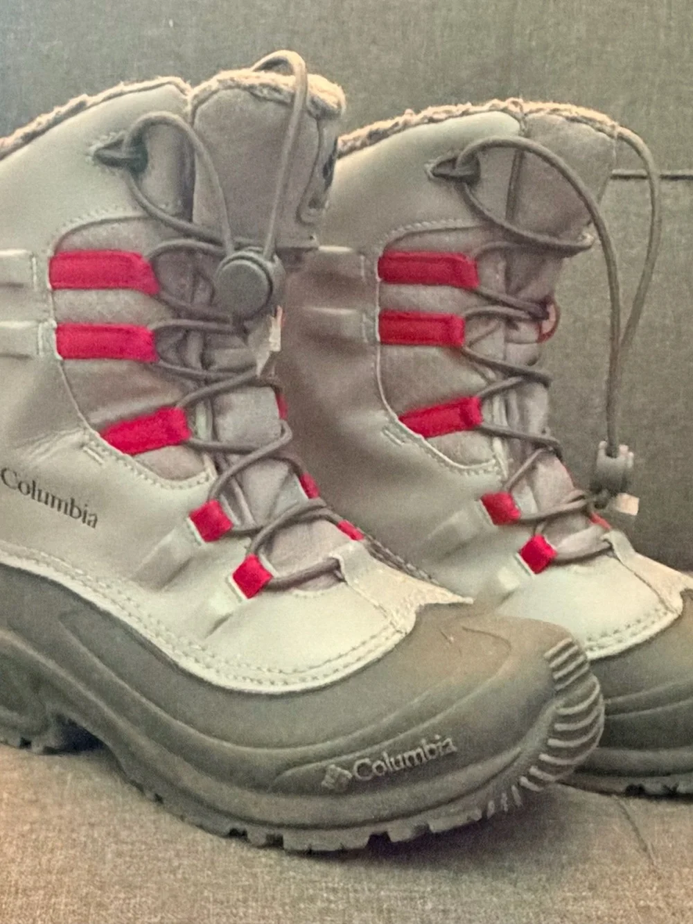 Columbia Gray and Red Kids Winter Boots with Bungee Lacing